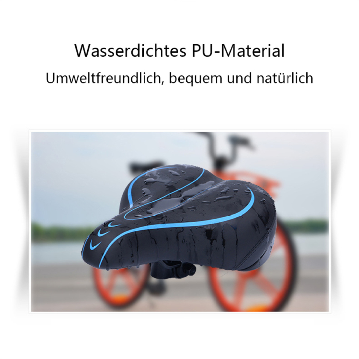 Ein schwarzer und blauer Fahrradsitz mit Wassertropfen darauf.