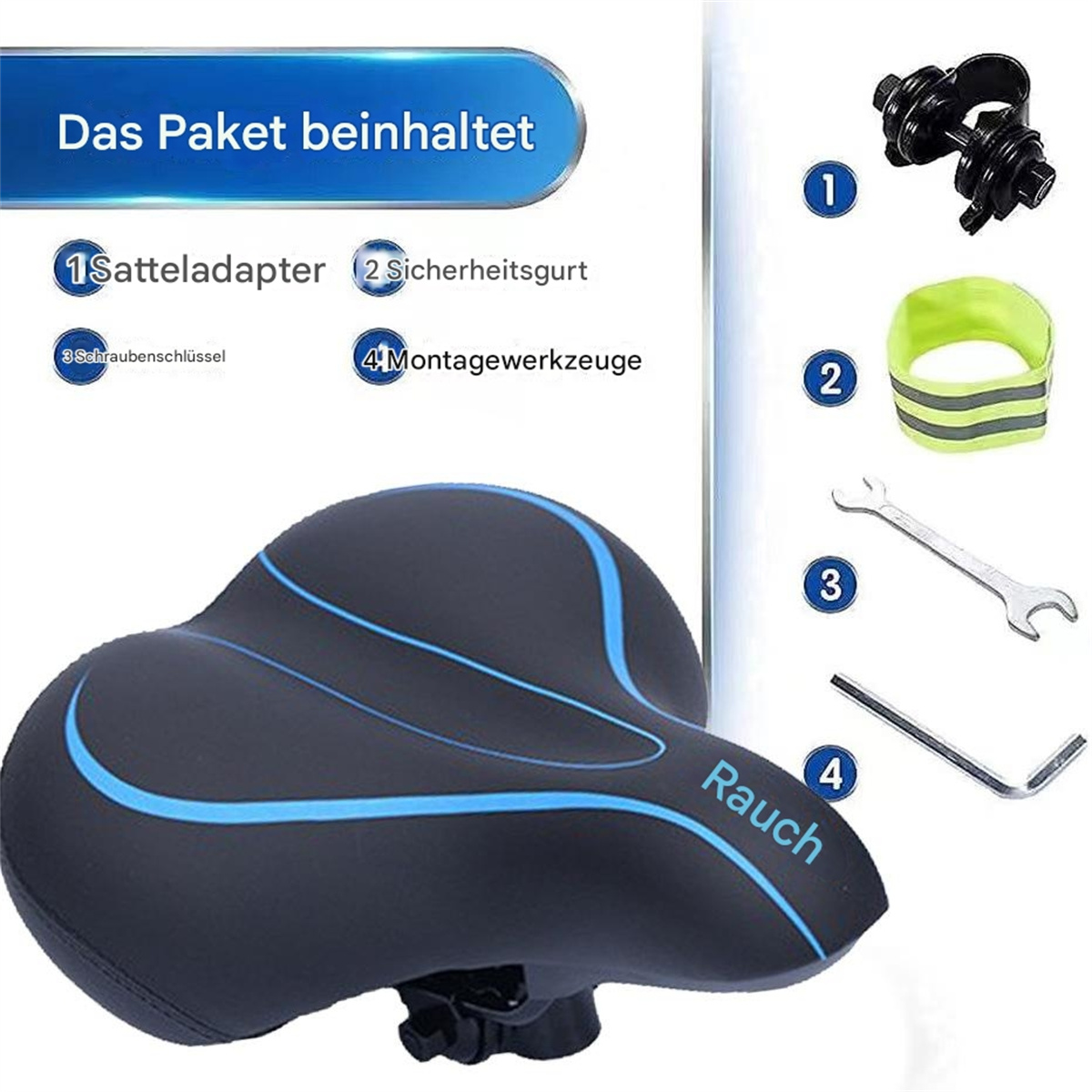 Fahrradsattel mit blauen Akzenten und Werkzeug: Schraubenschlüssel, Inbusschlüssel und reflektierende Ausrüstung.