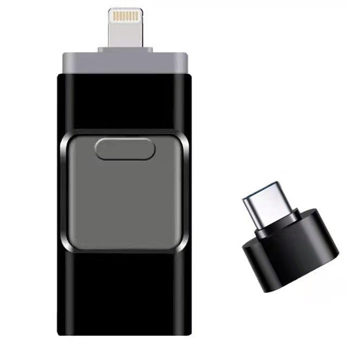 Schwarzer USB-Stick mit USB-C-Adapter. Schwarz-Grau-Farbschema. Weißer Hintergrund.