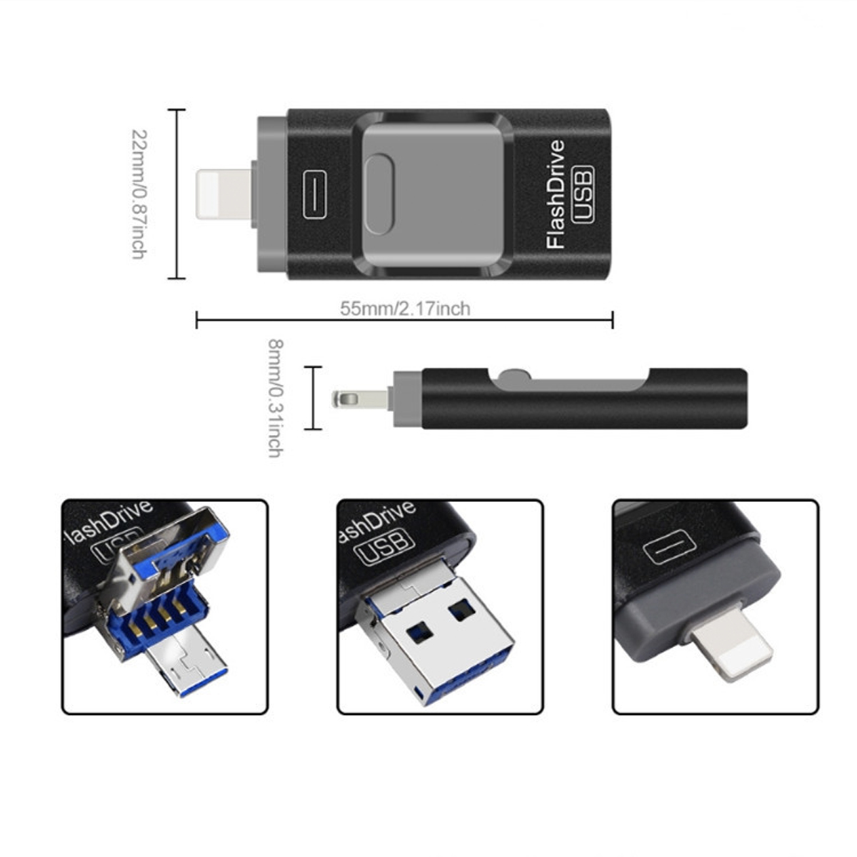 Schwarz-grauer USB-Stick mit Abmessungen und Nahaufnahmen der USB- und Lightning-Anschlüsse.