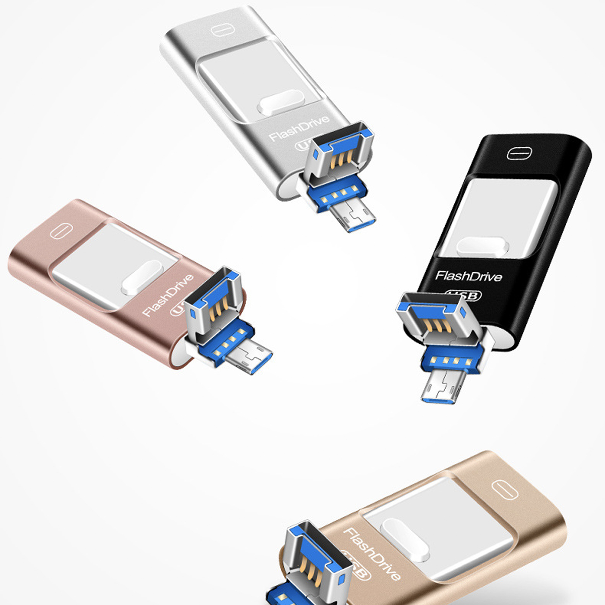 Vier USB-Flash-Laufwerke in Silber, Roségold, Gold und Schwarz, jeweils in einer anderen Farbe.
