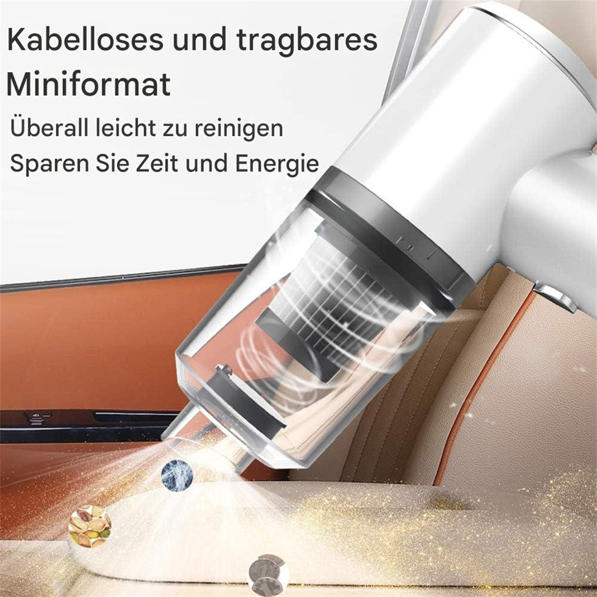 Ein weißer und transparenter kabelloser Staubsauger. Text: kabellos und tragbar, leicht zu reinigen, Zeit sparen.