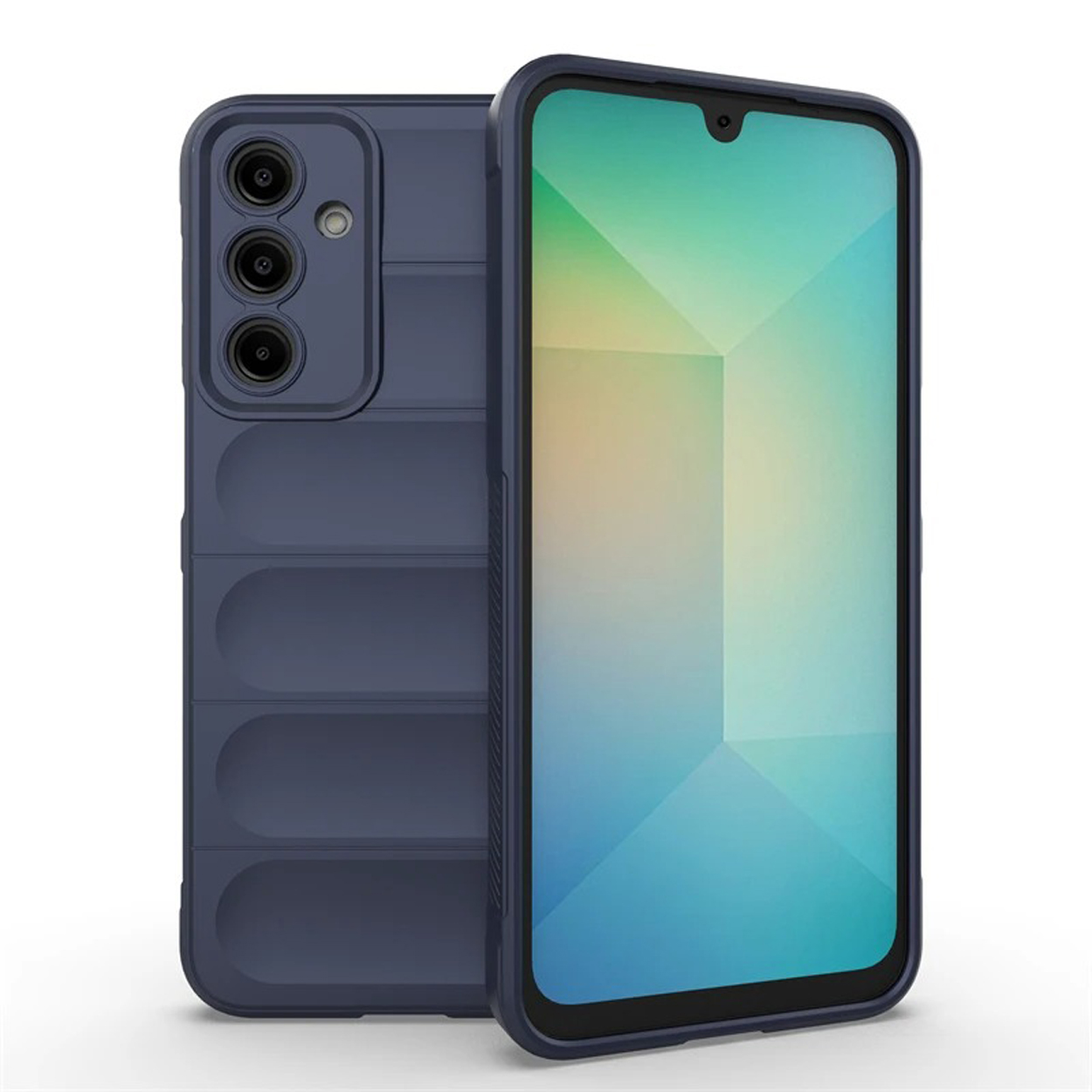 Een telefoon in een blauwe hoes met camerabult, de achterkant en het scherm tonend.