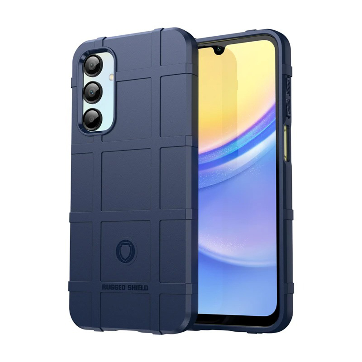 Un téléphone bleu dans un étui bleu avec un écran visible.