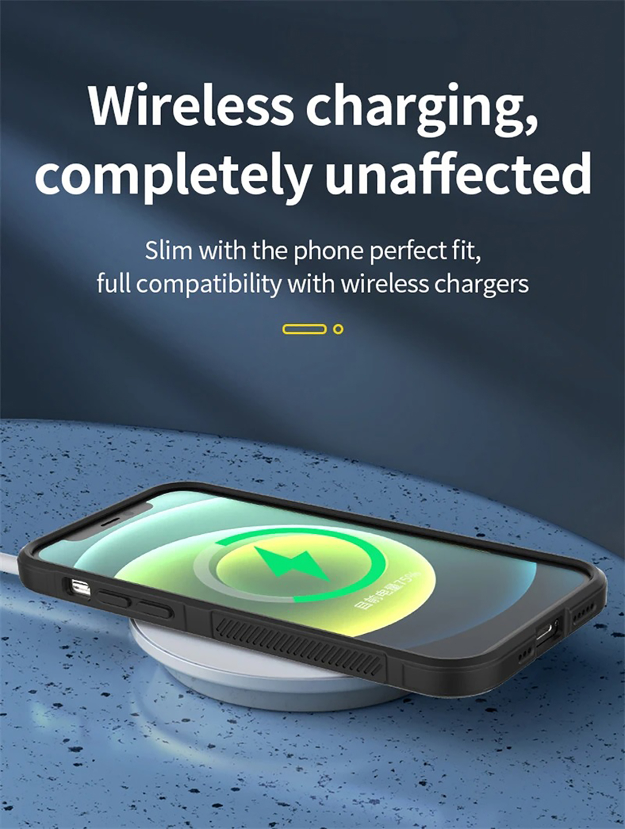 Een telefoon wordt draadloos opgeladen, met een zwarte hoes.