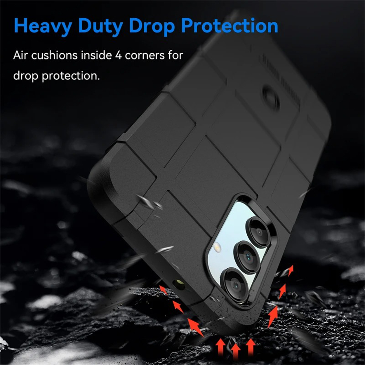 Une coque de téléphone tombant sur une surface, avec des flèches indiquant l'impact.