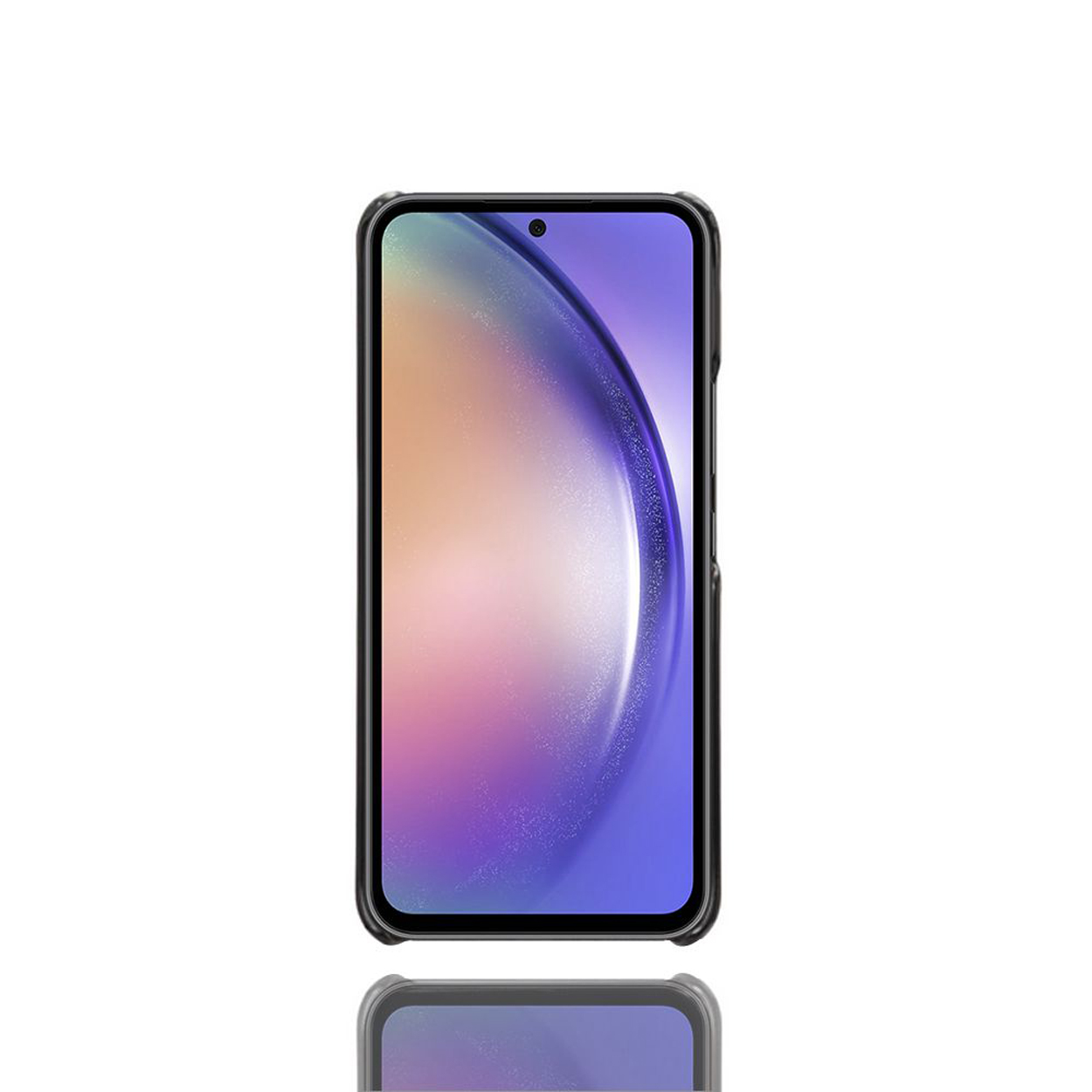 Téléphone dans un étui noir. L'écran affiche un dégradé violet et bleu. Fond blanc.