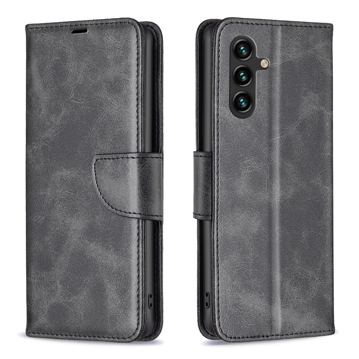 Un étui de téléphone gris style cuir, fermé à gauche et ouvert à droite, révélant un téléphone.