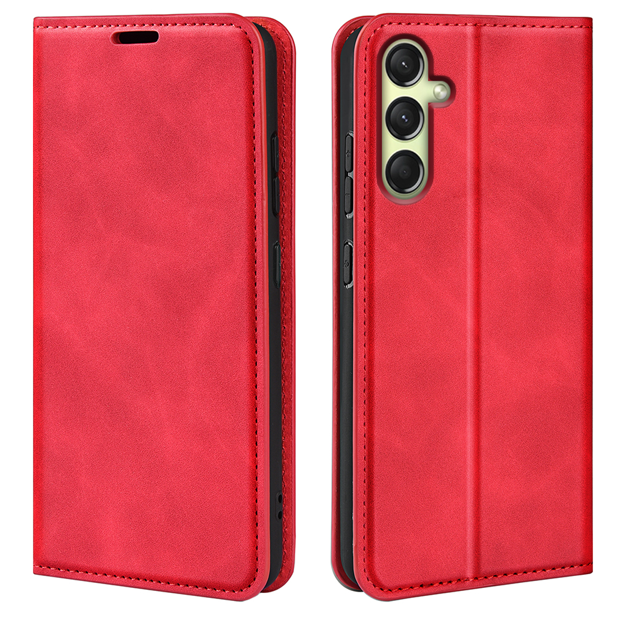 Rode leren telefoonhoes, open en dicht, met telefooncamera en knoppen.
