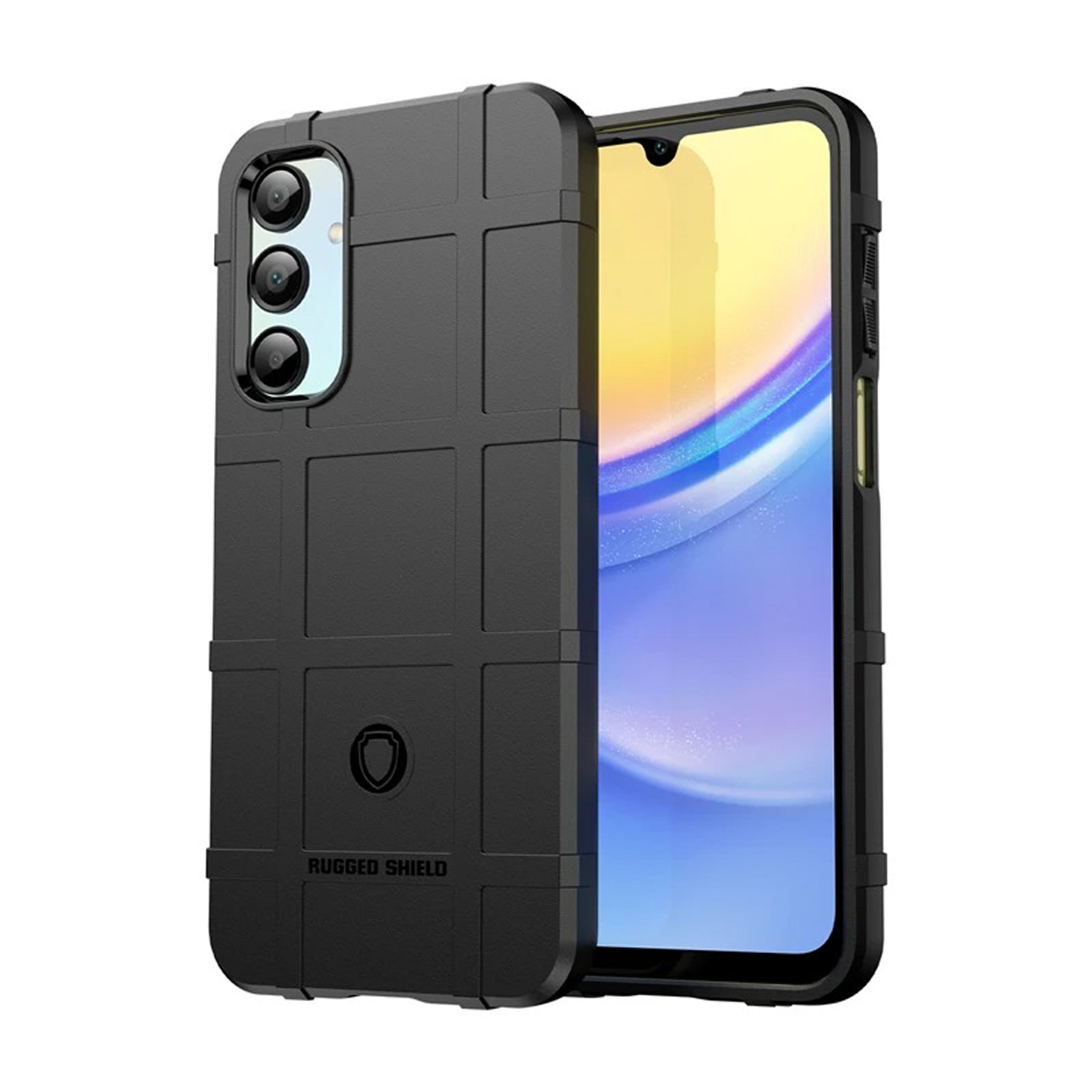 Coque de téléphone noire, robuste, avec un écran affichant l'interface du téléphone.