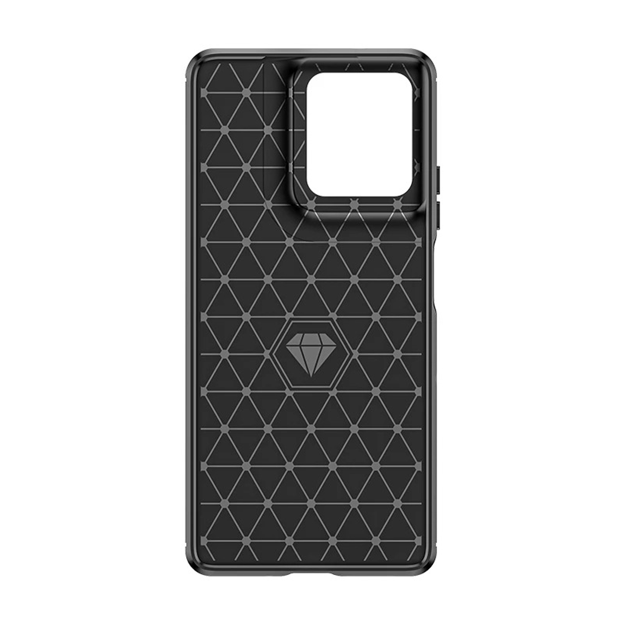 Black phone case with geometric pattern and diamond logo.