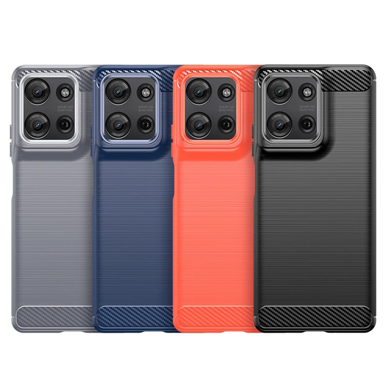Four phone cases of various colors. The cases have a carbon fiber texture on top and a camera cutout.