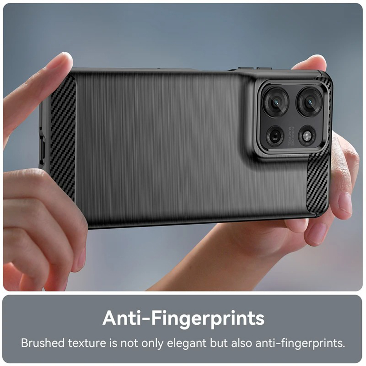Hand holding a black phone case with a textured back and multiple camera lenses.