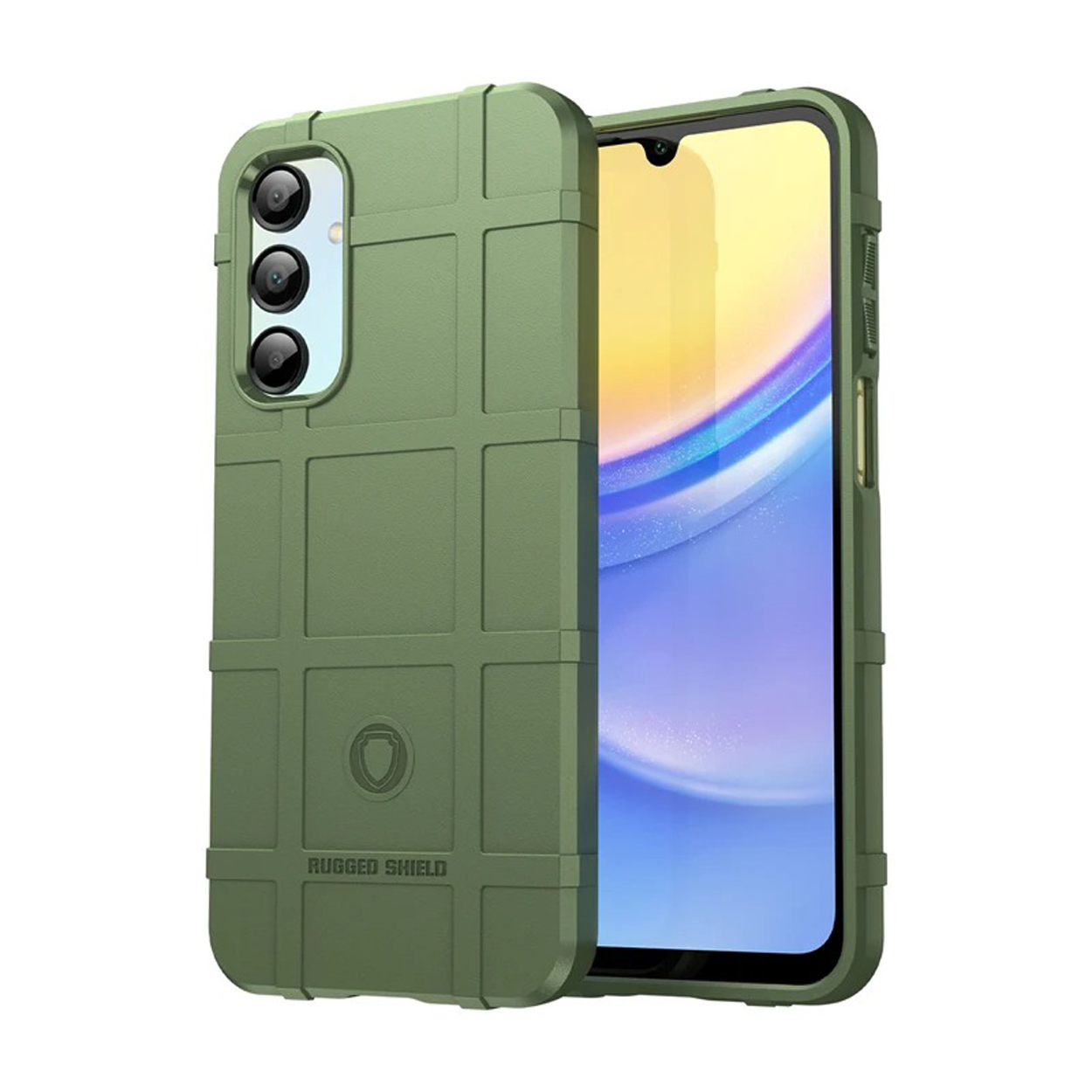Coque de téléphone vert olive, avec triple caméra et design robuste.