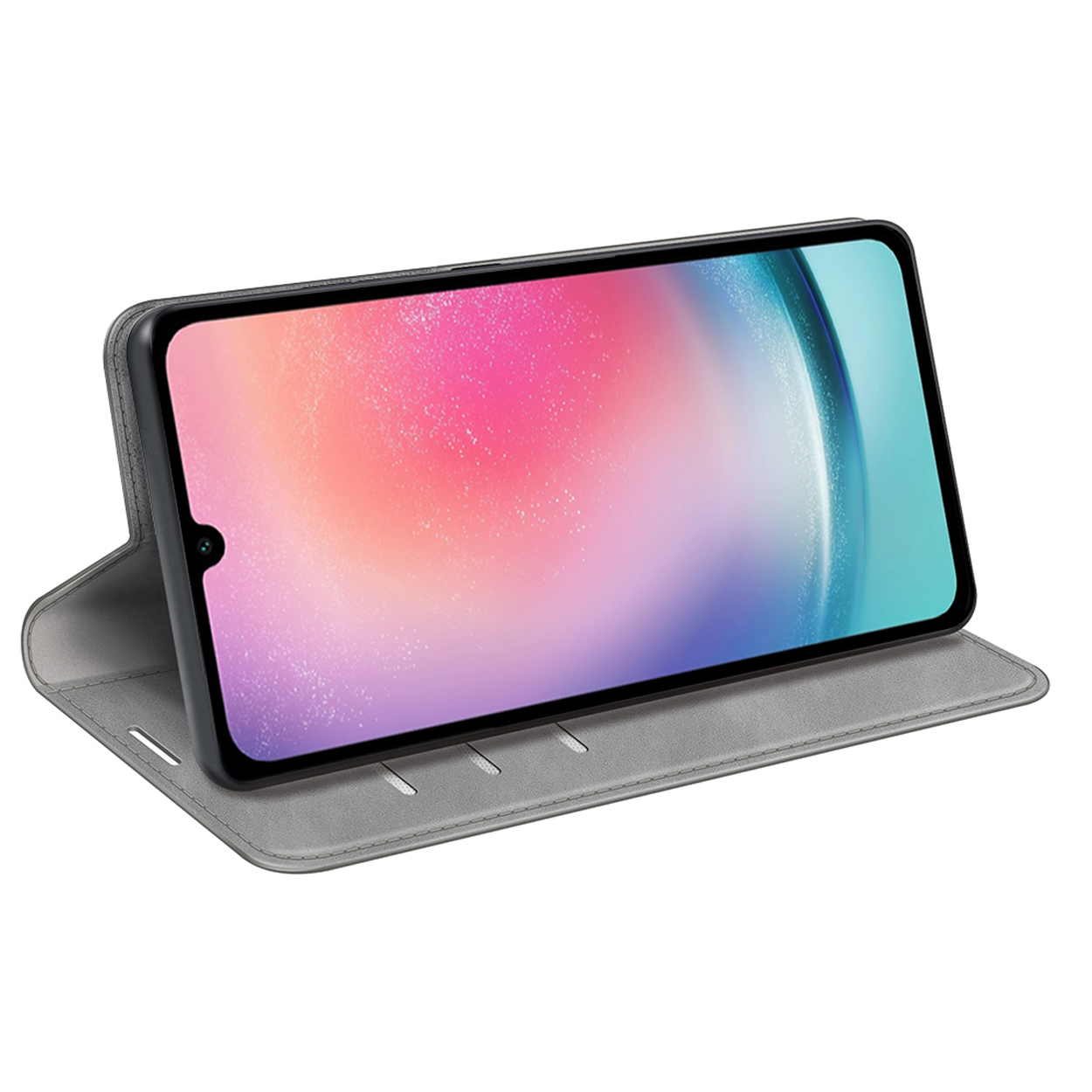 Étui de téléphone gris avec téléphone à l'intérieur. Le téléphone affiche un écran coloré.
