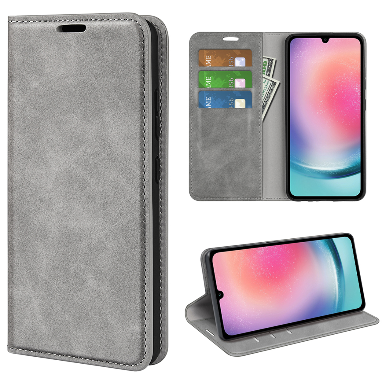 Étui de téléphone gris avec cartes et espèces. Téléphone visible dans l'étui, en position verticale.