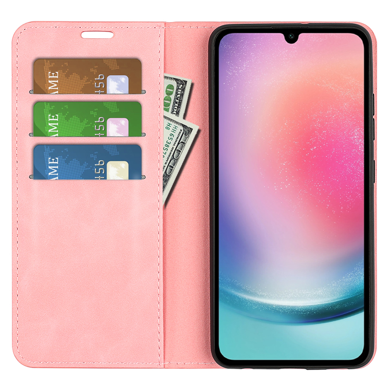 Un étui de téléphone rose avec des cartes et de l'argent à l'intérieur, et un téléphone affichant un écran coloré.