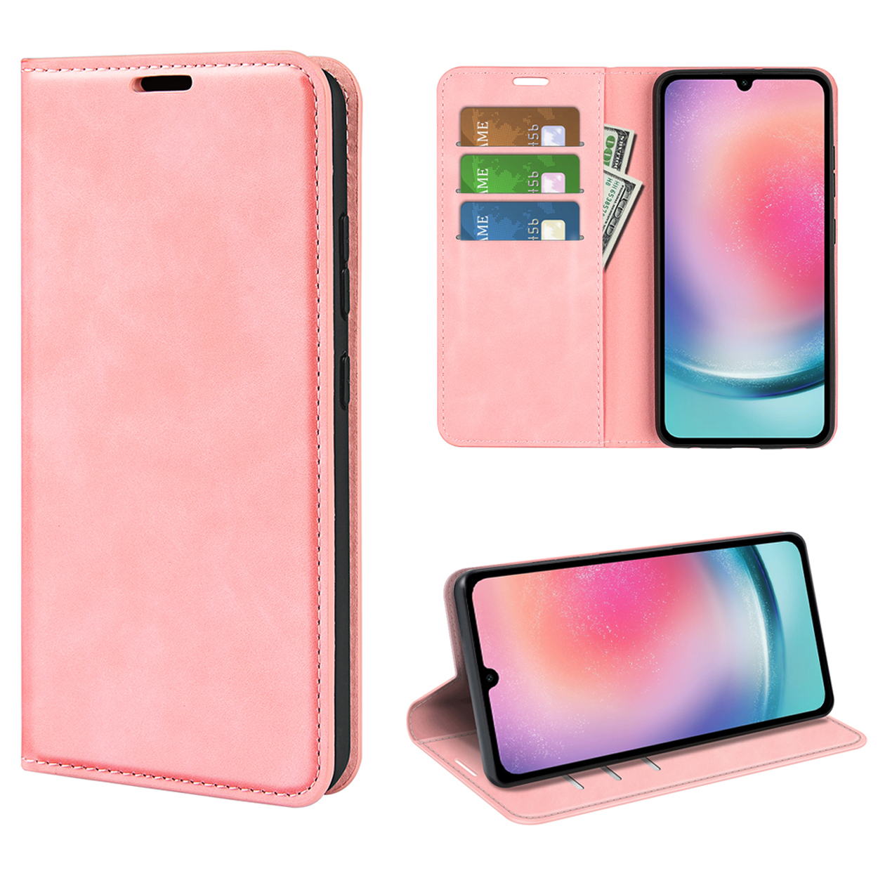 Étui de téléphone rose avec cartes et espèces. Téléphone visible dans l'étui, en position verticale.