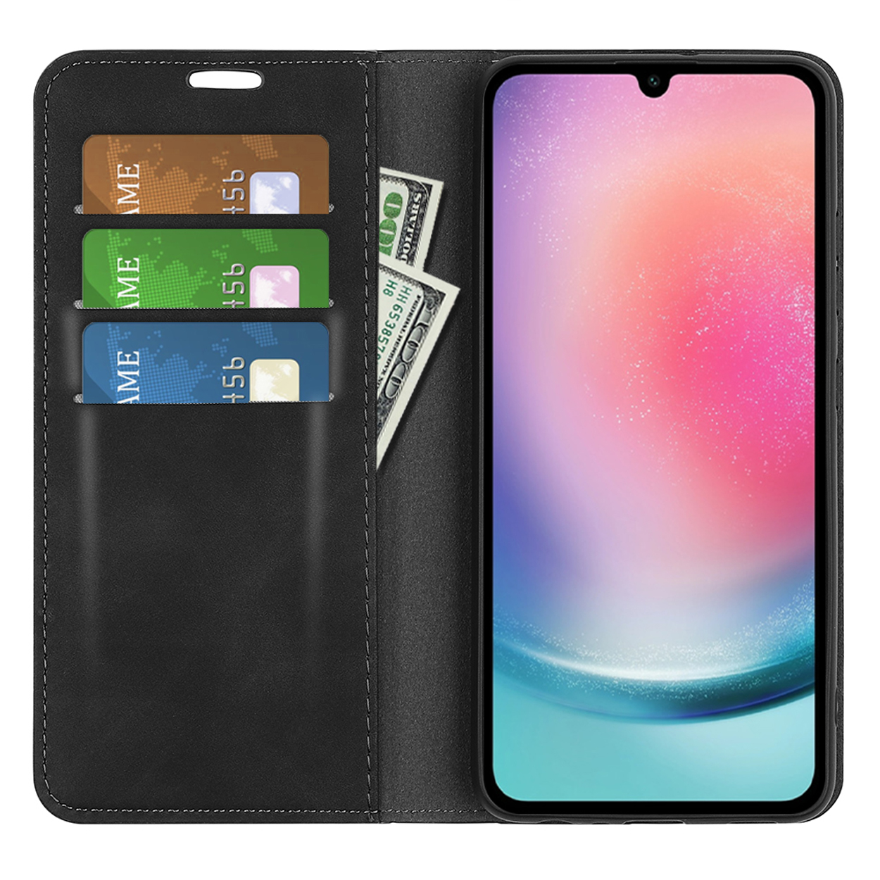 Zwarte telefoonhoes met kaarten en geld, open. Kaarten: ME, 5b; geld: $100.
