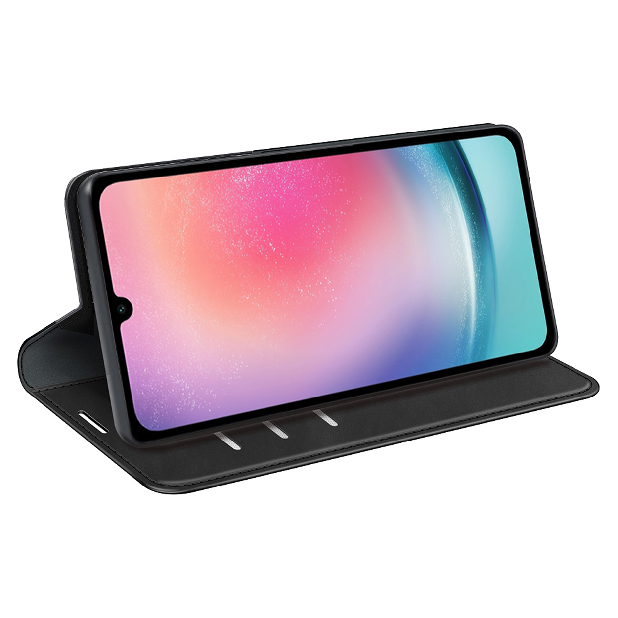 Telefoonscherm met een kleurrijke afbeelding, in een zwarte hoes, open op een oppervlak.