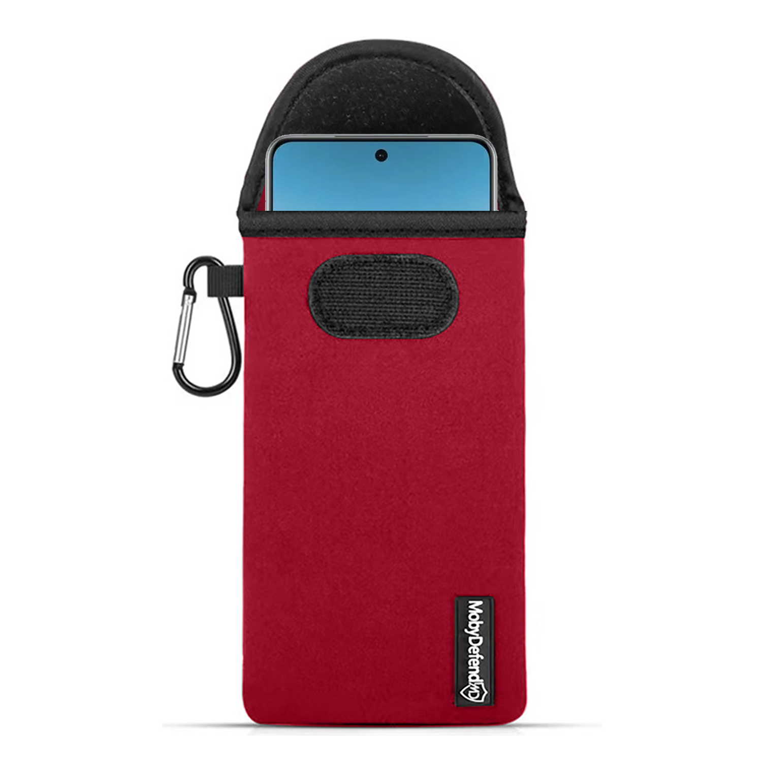 Étui de téléphone rouge avec dessus noir et mousqueton argenté.