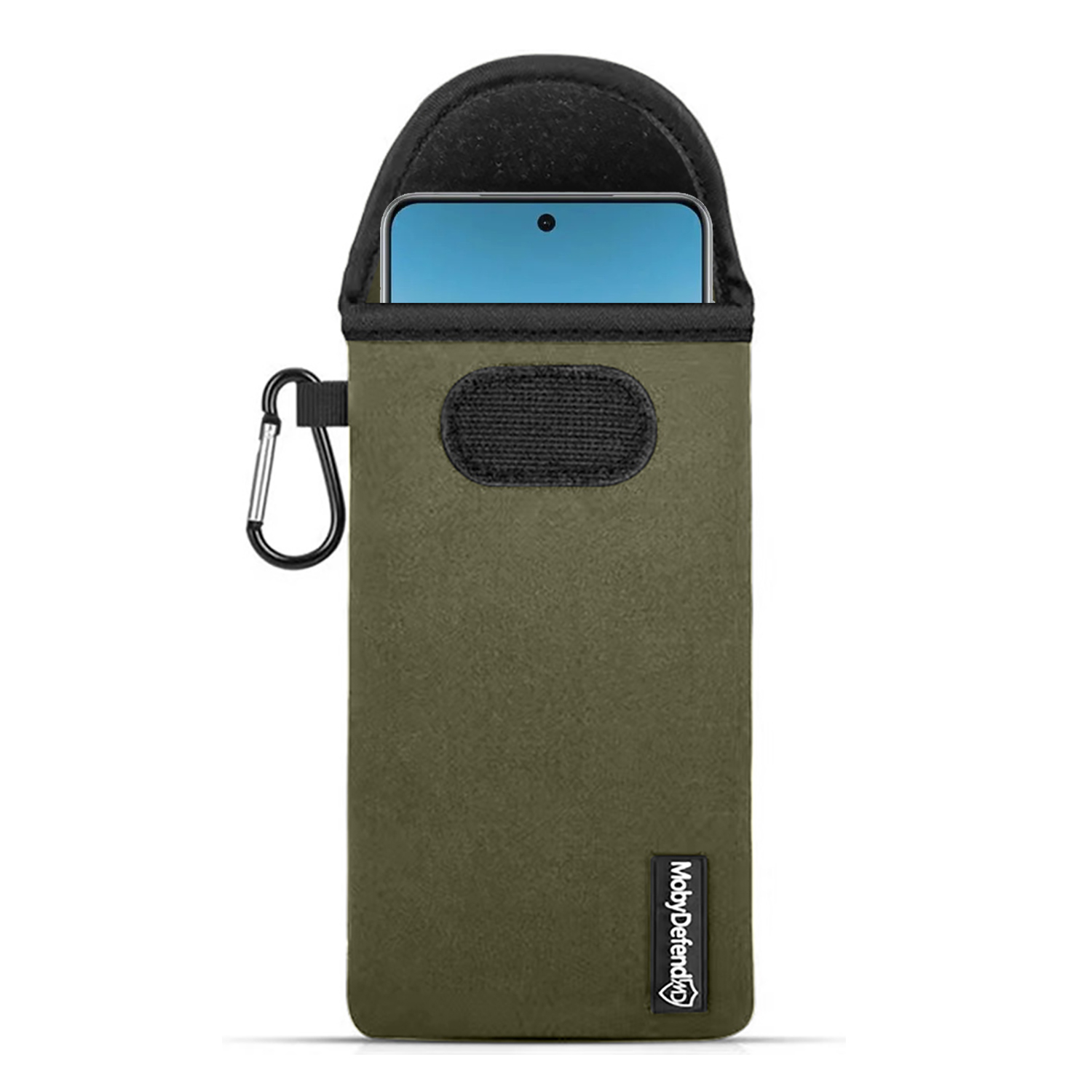 Étui de téléphone vert olive avec dessus noir et mousqueton argenté.