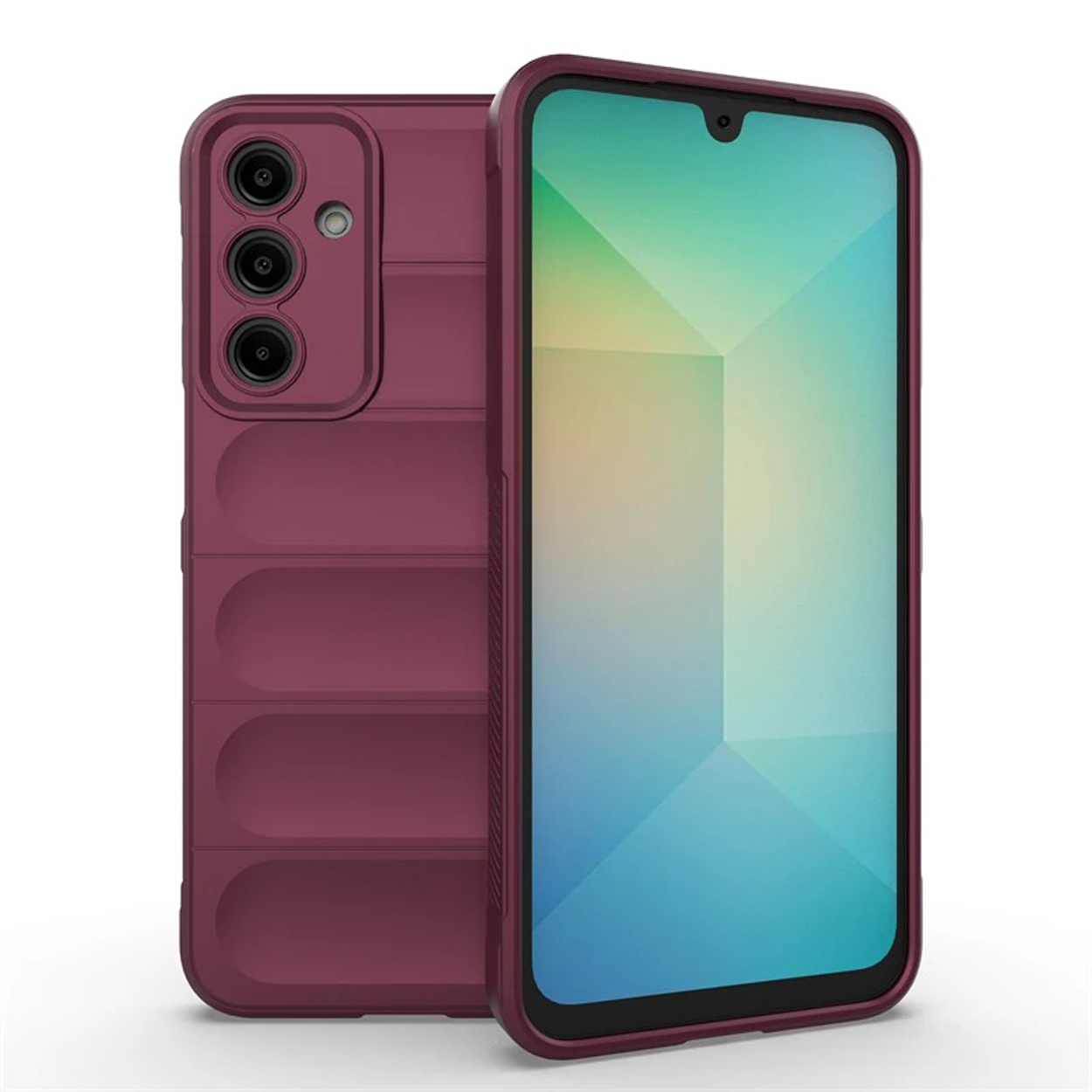 Bordeaux telefoonhoes met een zwarte camera-uitsparing en een plat ontwerp.