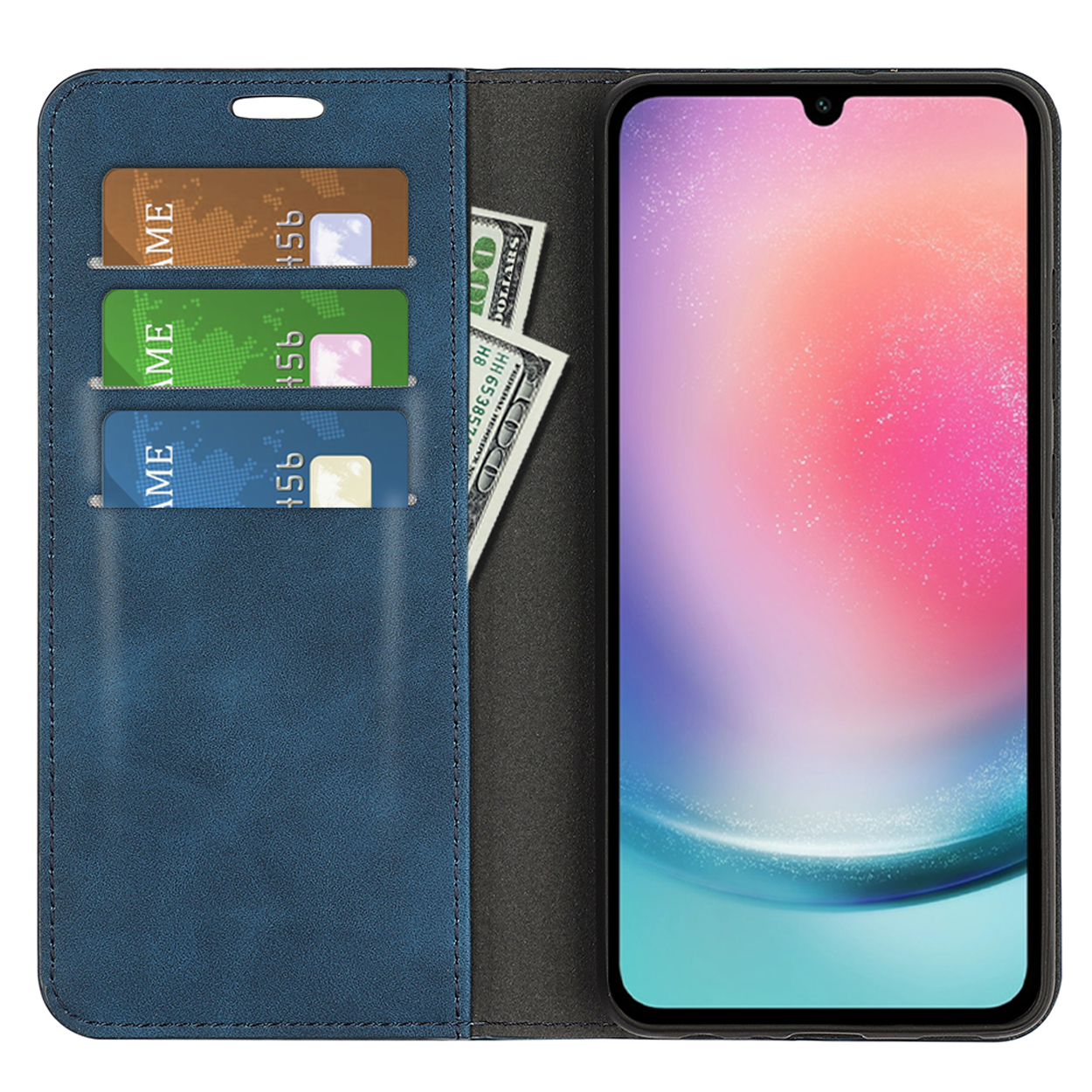 Étui de téléphone bleu ouvert avec cartes et argent. Affiche l'écran du téléphone.