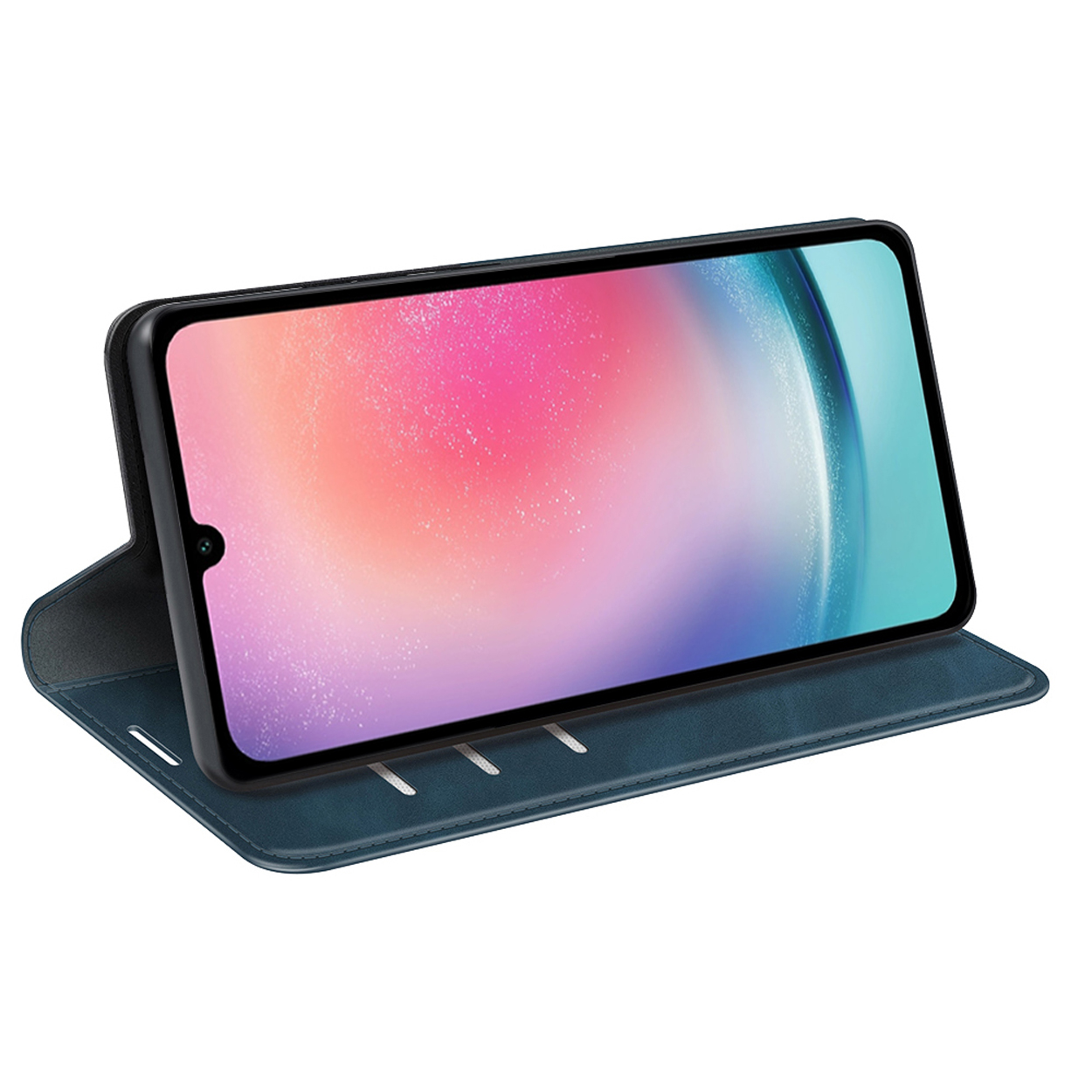 Étui de téléphone bleu, ouvert, avec téléphone affichant une image abstraite colorée.