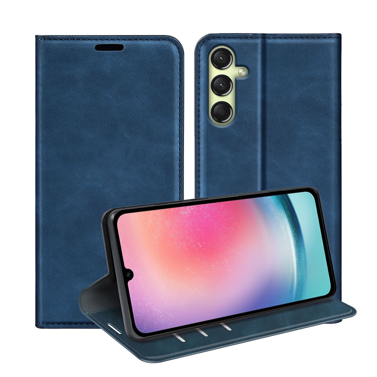 Étui de téléphone bleu avec téléphone à l'intérieur. Le téléphone affiche un écran coloré.