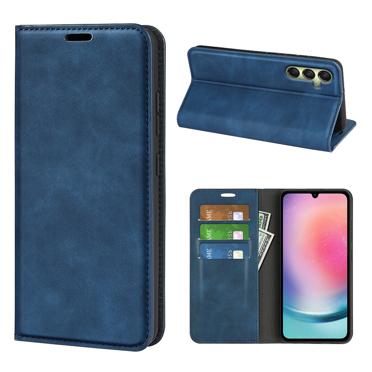 Étui en cuir bleu ouvert et fermé, montrant le téléphone et les fentes pour cartes. Triple caméra.