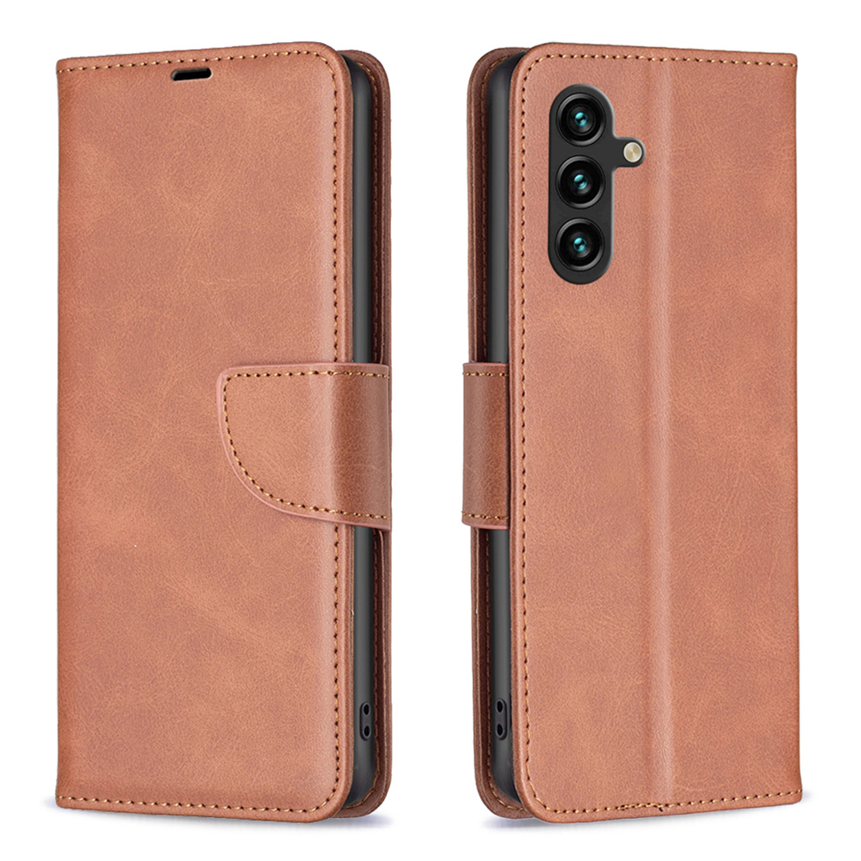 Étui de téléphone en cuir marron, plié fermé à gauche et ouvert à droite. Possède des trous pour la caméra.