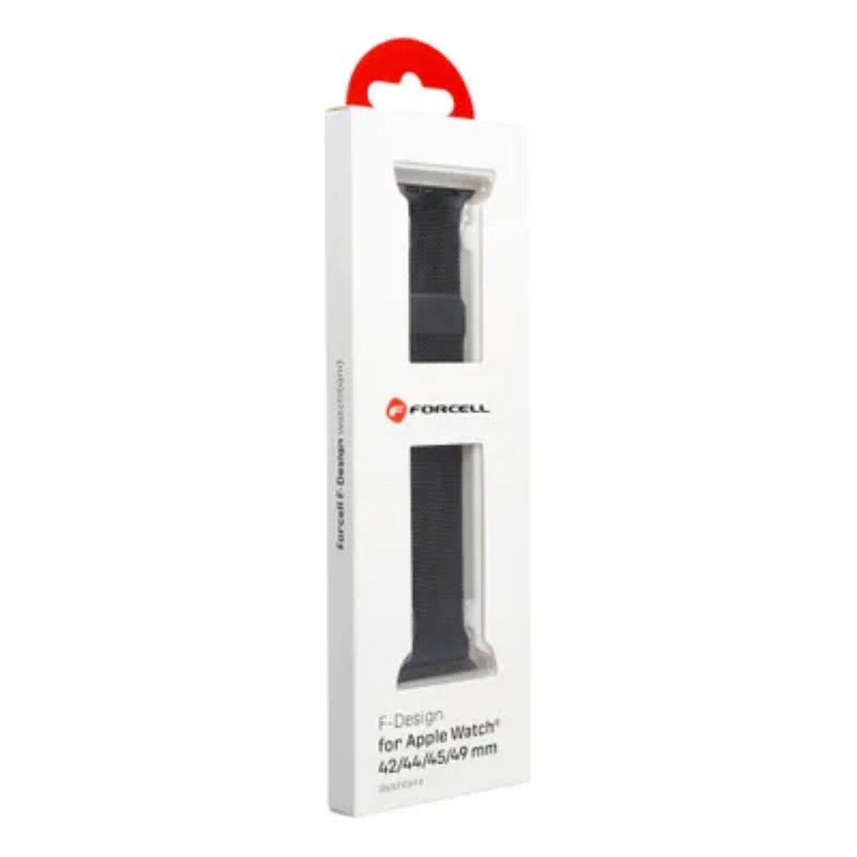 Eine weiße Schachtel mit einem schwarzen Apple Watch Armband. Die Schachtel hat einen roten Haken und den Markennamen.