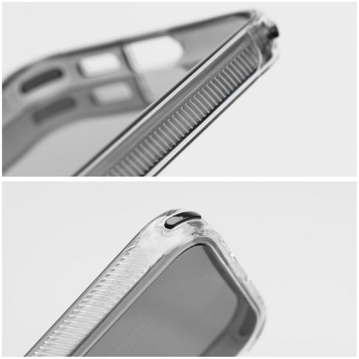 Primo piano di una custodia trasparente per telefono con dettagli di design.