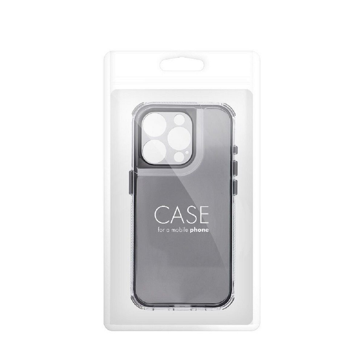 Una custodia trasparente per telefono in una confezione di plastica. La custodia è grigia. La confezione dice 'CASE for a mobile phone'.