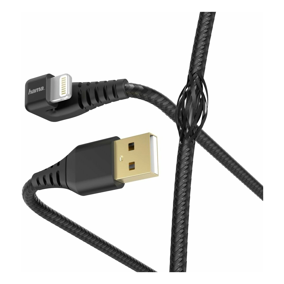 Schwarz-goldenes USB-zu-Lightning-Kabel. Ein Abschnitt des Kabels ist aufgeschnitten.