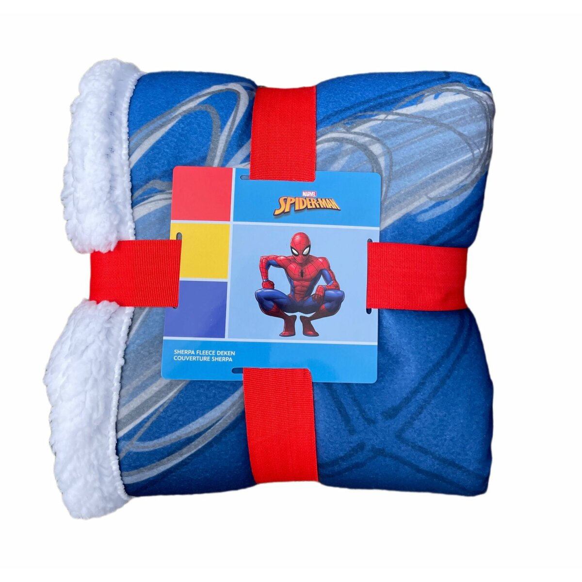 Gefaltete Spider-Man-Decke, mit roten Bändern gebunden. Etikett zeigt Spider-Man auf blauer Decke.