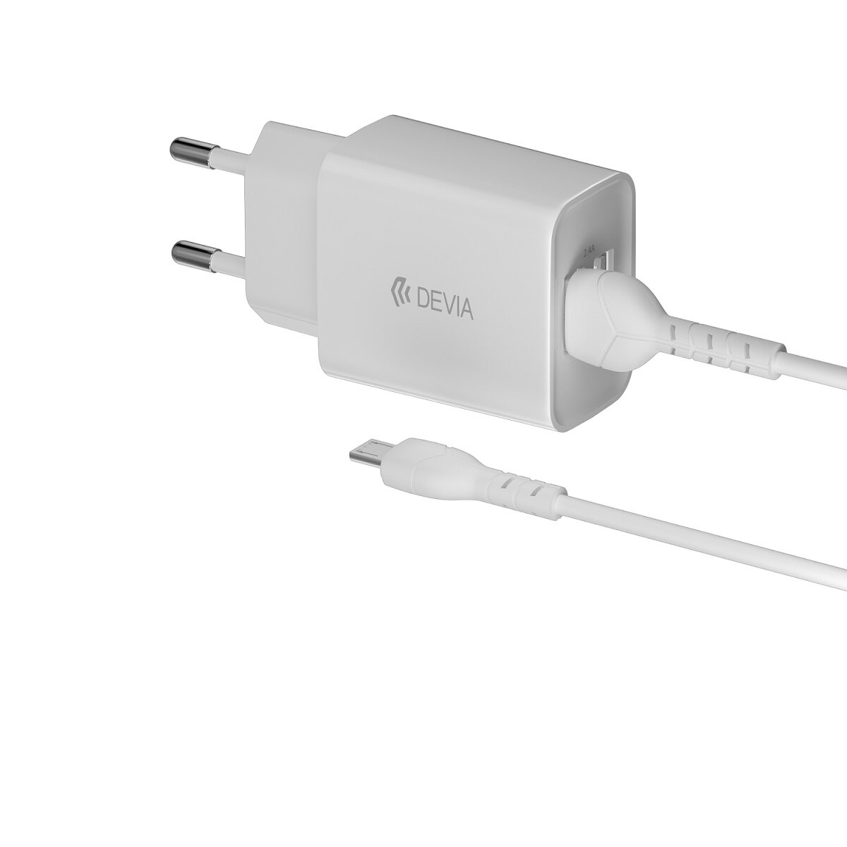 Weißes Ladegerät mit weißem Kabel. Das Ladegerät hat ein DEVIA-Logo.