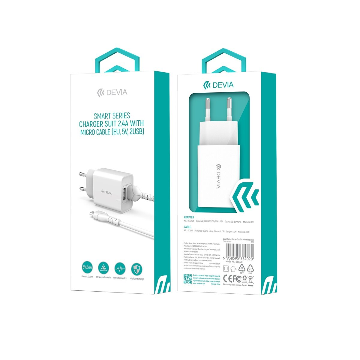 Ein weißes Ladegerät in einer Box. Auf der Box steht 'Smart Series Charger 2.4A'.