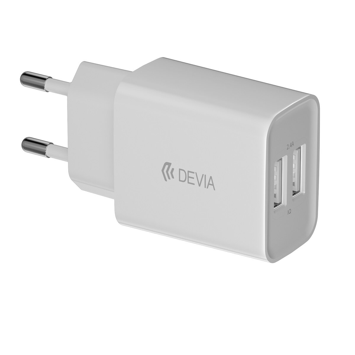 Weißes Telefonladegerät mit zwei USB-Anschlüssen.