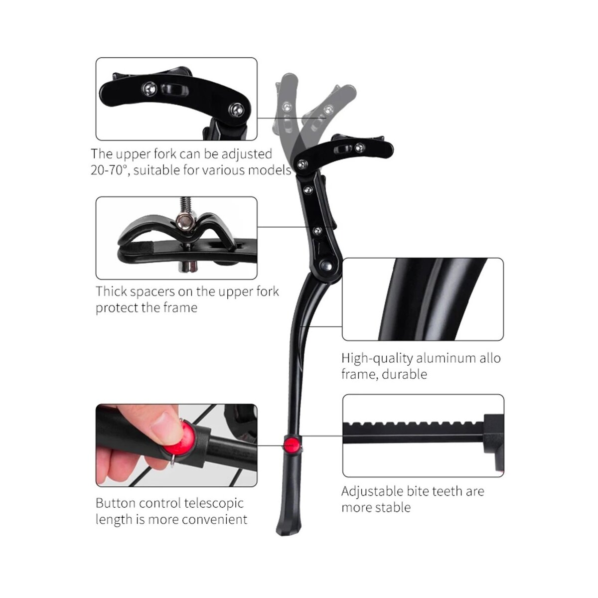 Czarna podpórka rowerowa z regulowanymi funkcjami i zaciskiem. Białe tło.