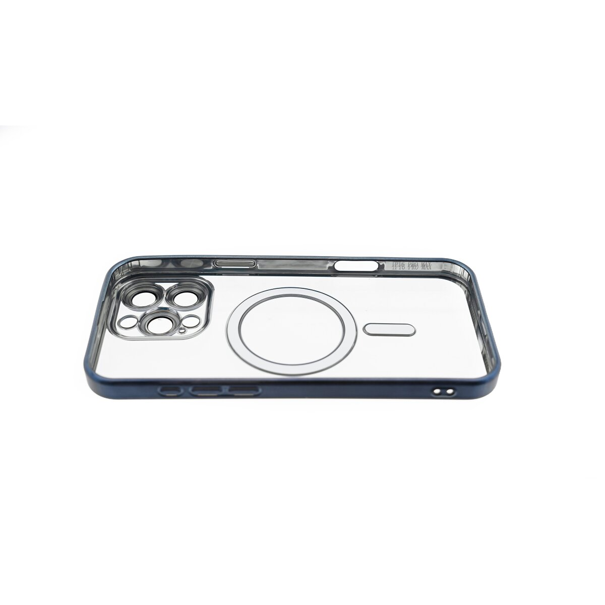 Custodia trasparente per telefono con bordo blu, con ritagli per fotocamera e un magnete circolare.
