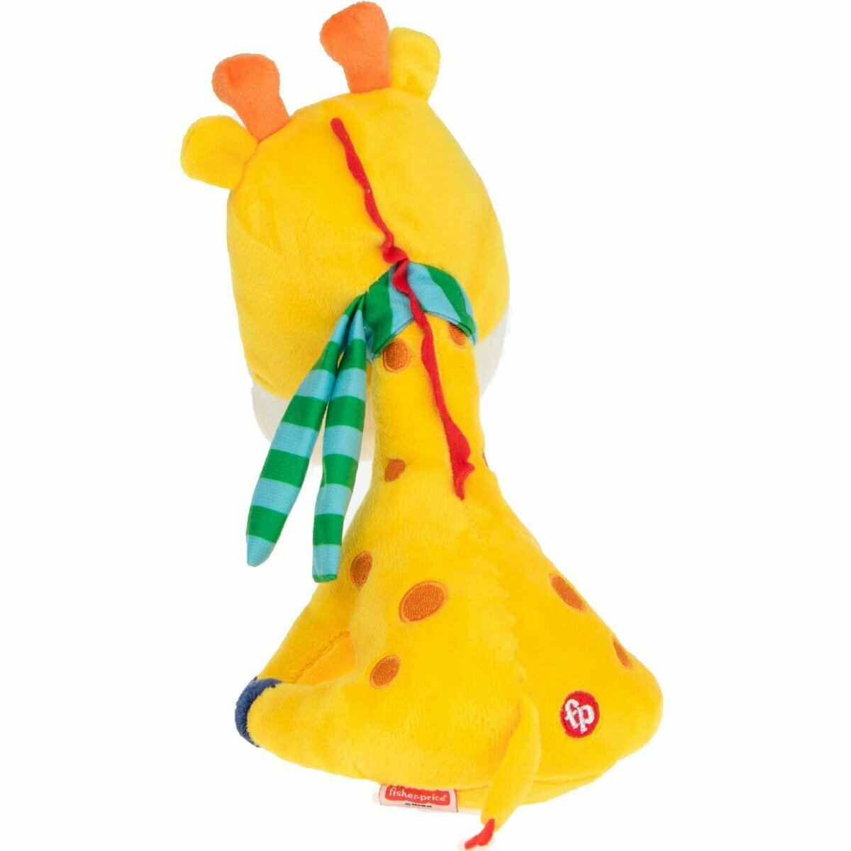 Gelbes Giraffen-Plüschtier. Es hat orangefarbene Flecken und einen grün-blauen Schal. Es ist ein Fisher-Price Spielzeug.