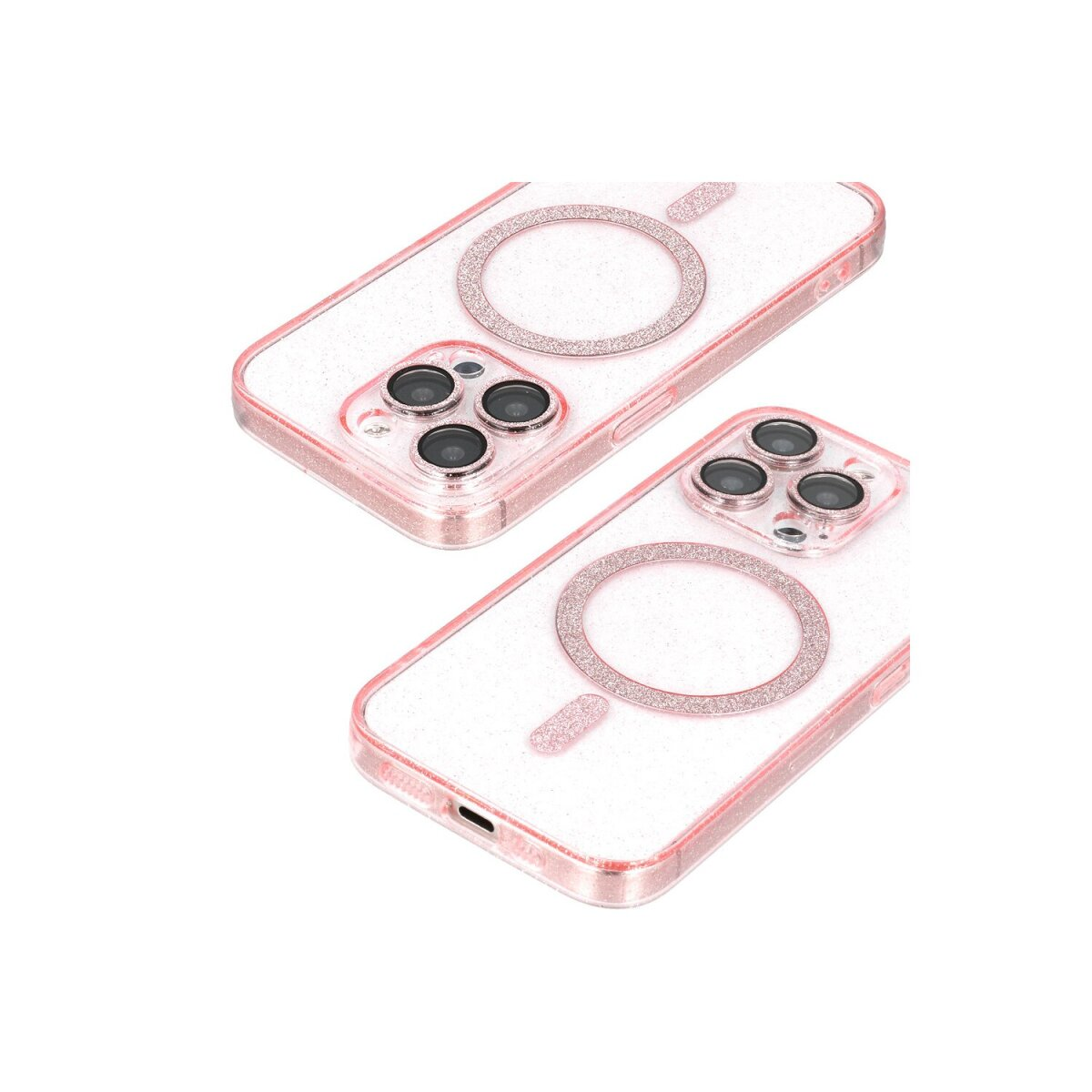 Sono mostrate due custodie rosa per telefono. Ognuna ha un anello glitterato attorno alla fotocamera.