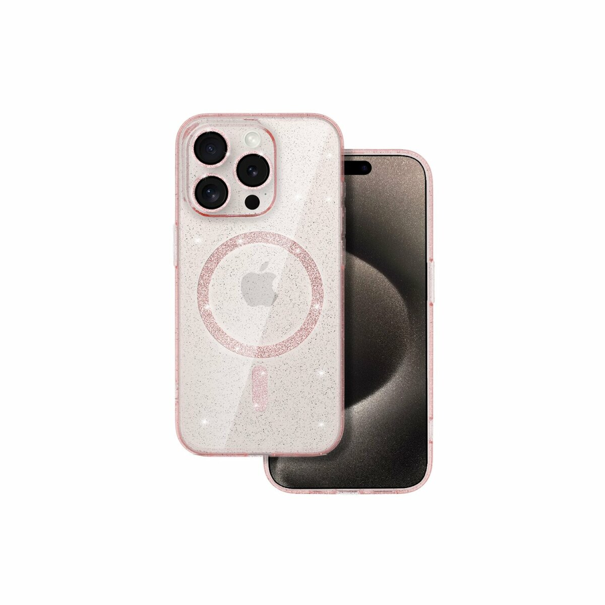 Una custodia per telefono con un design glitterato rosa. Il telefono stesso è nella custodia. Il retro ha il logo Apple.