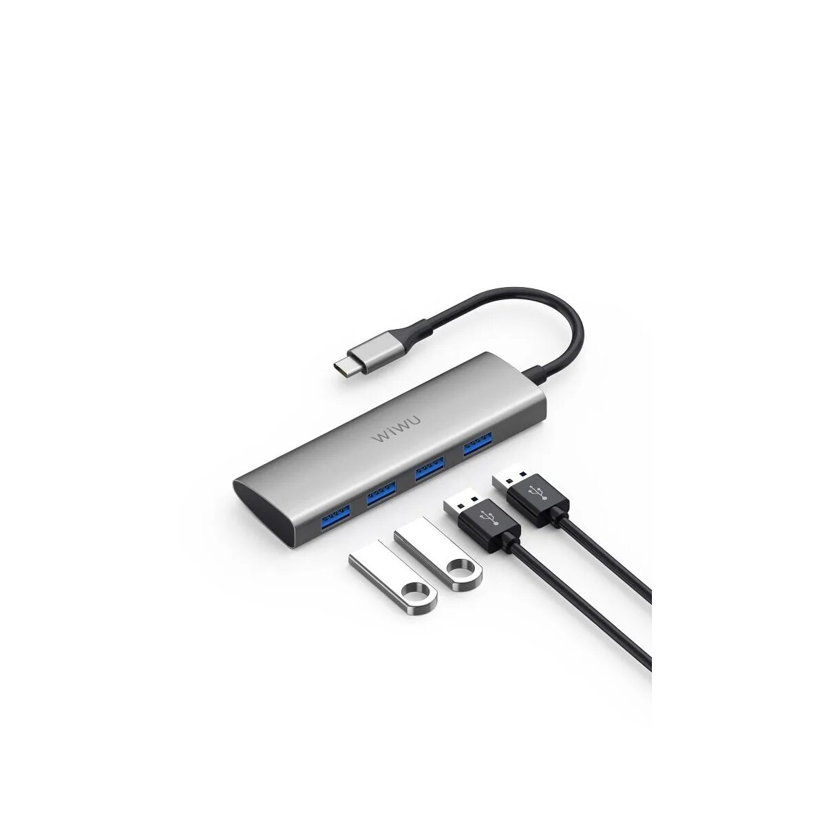 Ein silberner USB-Hub mit mehreren USB-Anschlüssen und einem USB-C-Anschluss sowie zwei USB-Laufwerken.