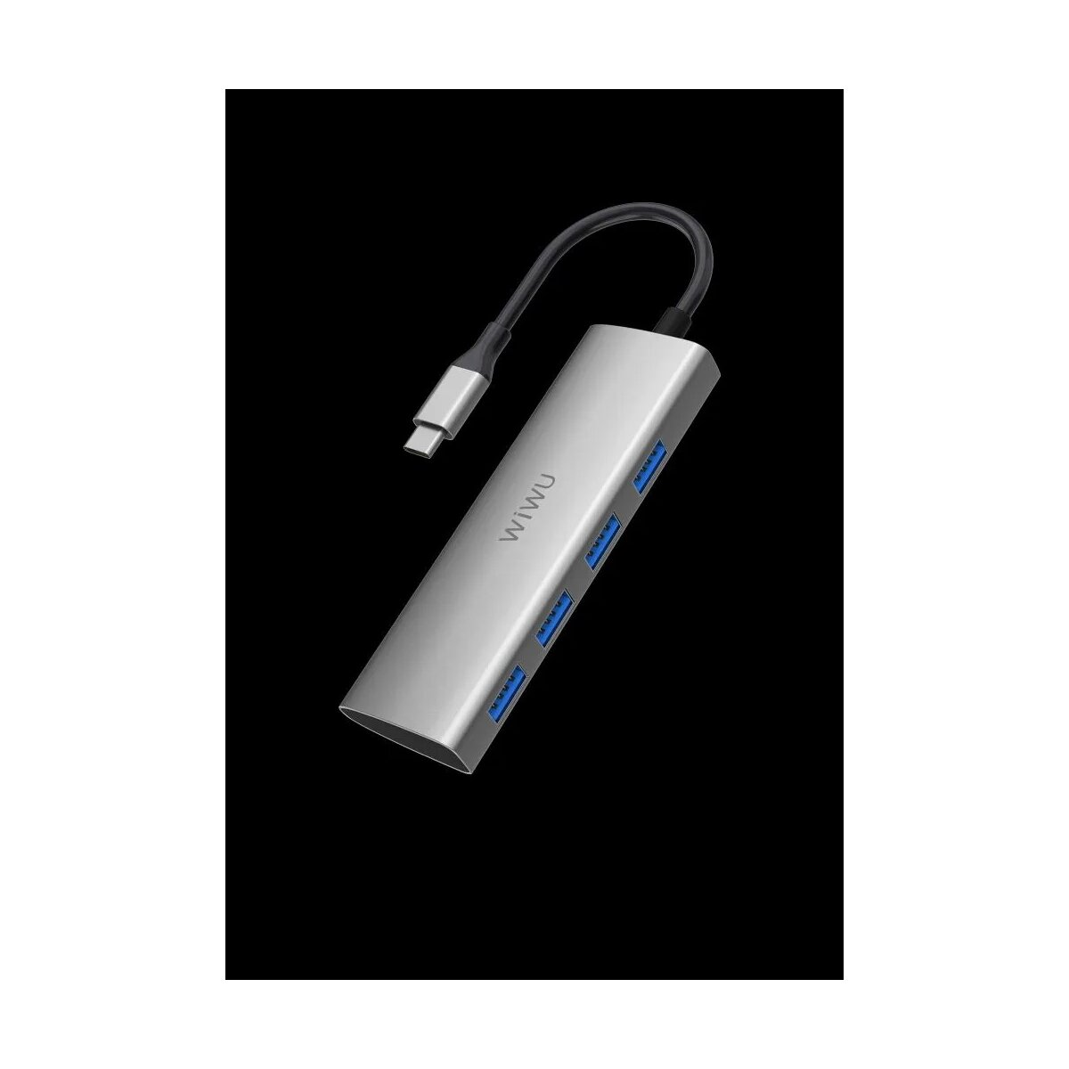 Silberner USB-Hub mit mehreren blauen USB-Anschlüssen und USB-C-Anschluss.