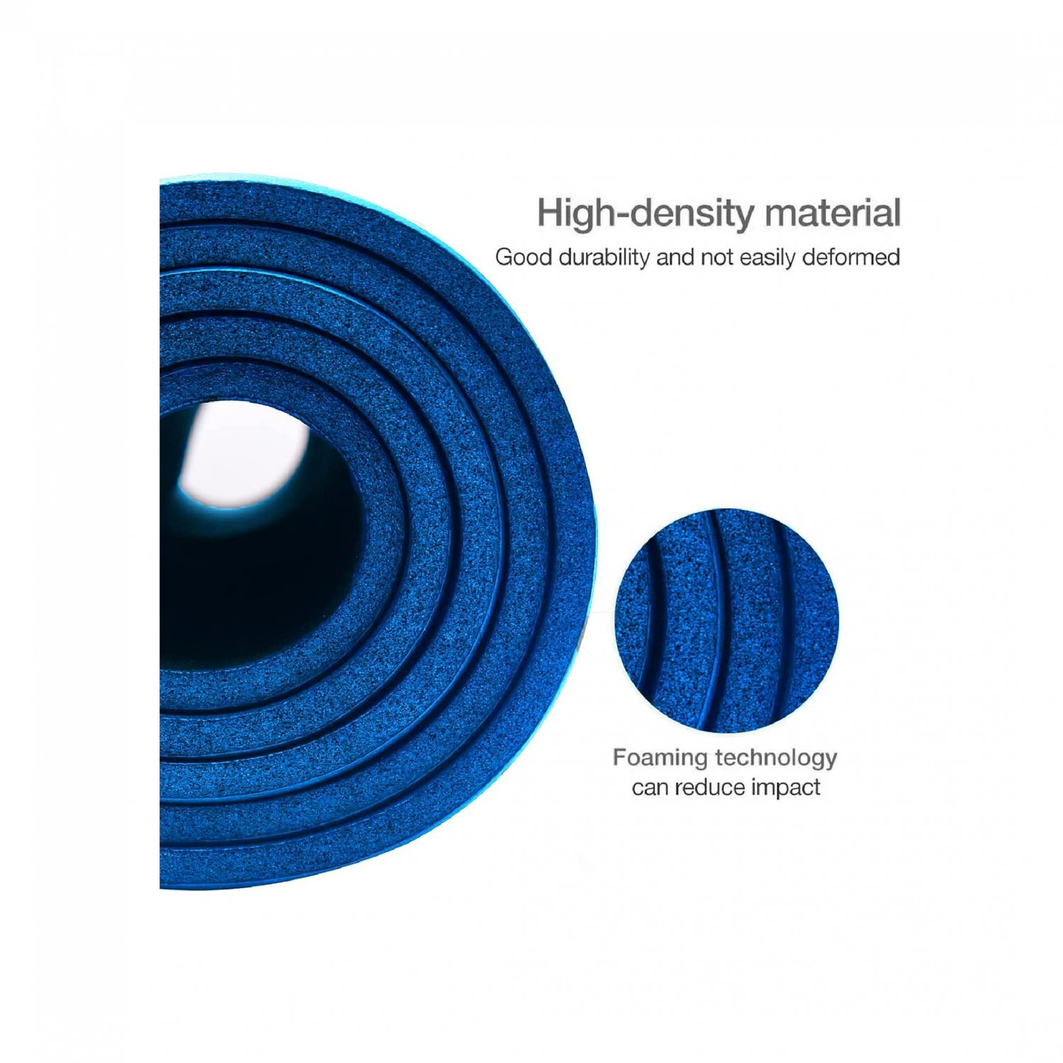 Blaue Yogamatte mit kreisförmigem Design. Text sagt 'High-density material'.