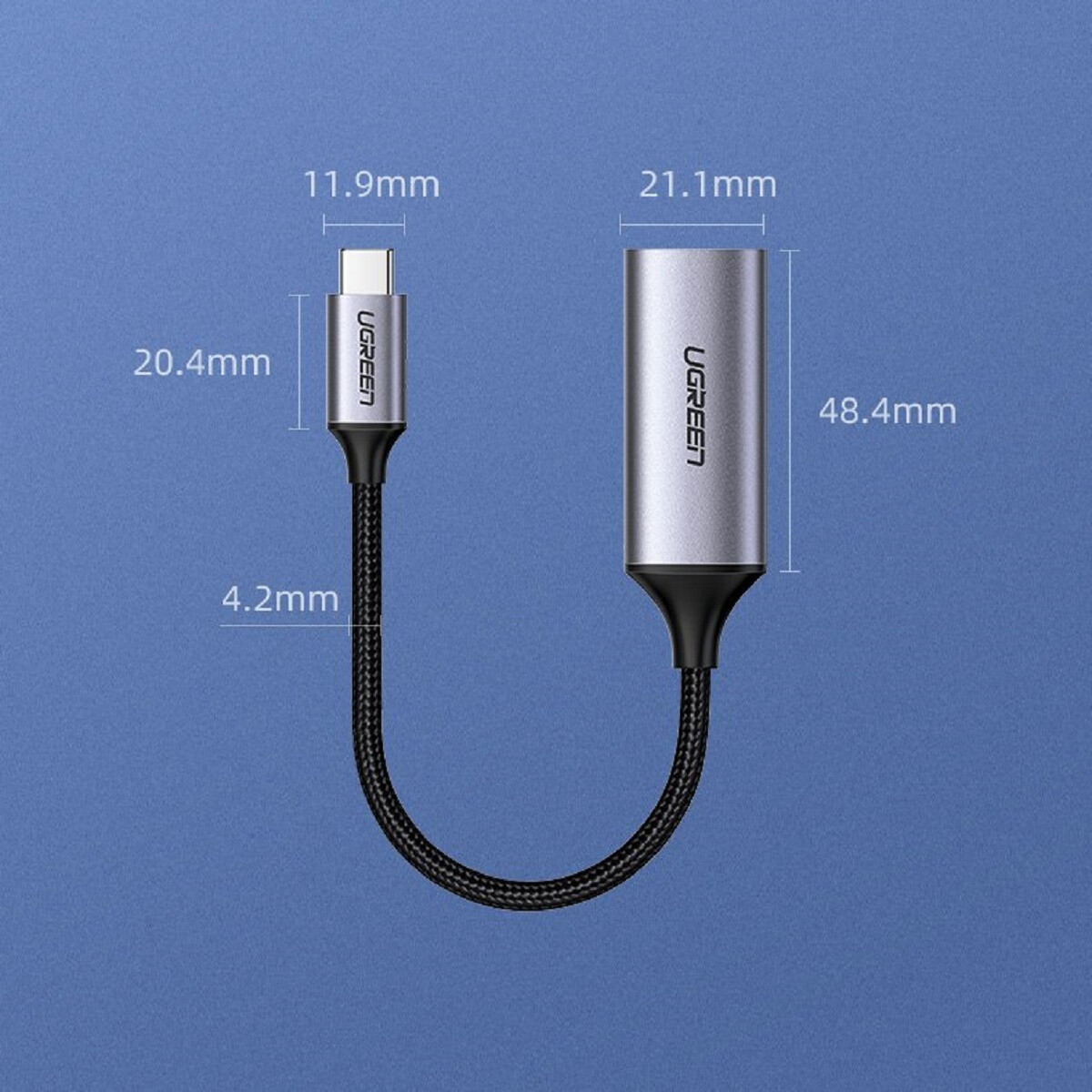 Ein U-förmiger UGREEN-Adapter. Zeigt Abmessungen: 11,9 mm, 20,4 mm, 21,1 mm und 48,4 mm.