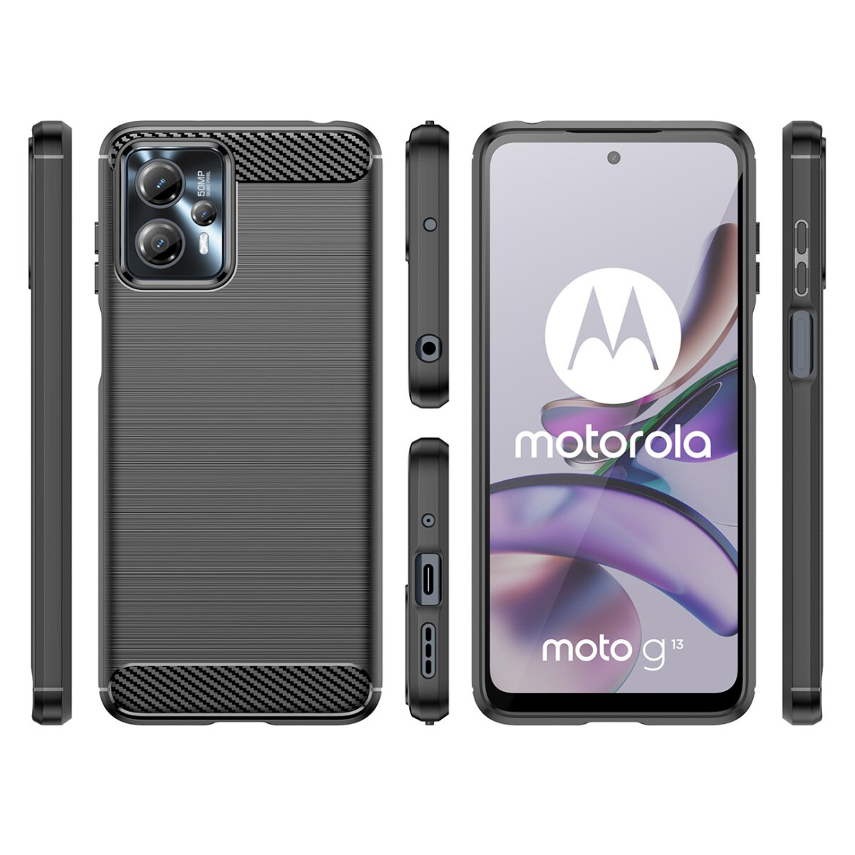 Una custodia per telefono nera con un design in fibra di carbonio, che mostra il telefono Motorola Moto g13.